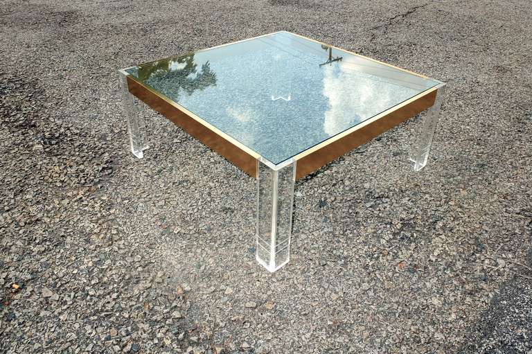 Lucite, Glass and Anodized Brass Square Cocktail Table 2