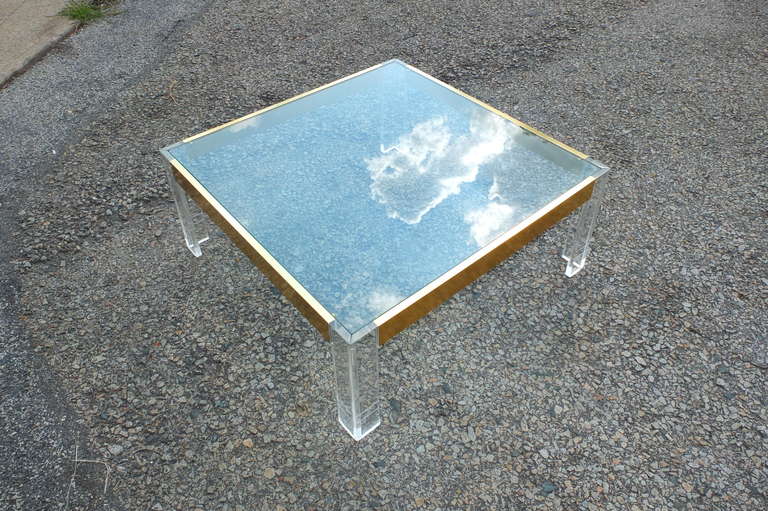 Lucite, Glass and Anodized Brass Square Cocktail Table 3