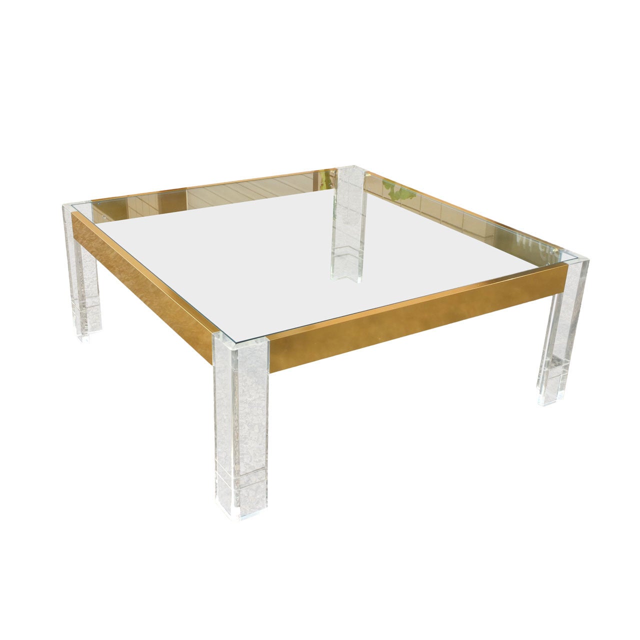 Lucite, Glass and Anodized Brass Square Cocktail Table