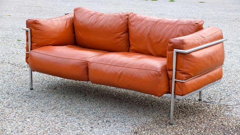 Bauhaus Leather & Chrome Corbusier Style Sofa