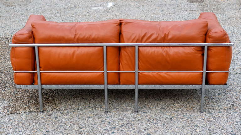 Leather & Chrome Corbusier Style Sofa In Excellent Condition In Hanover, MA