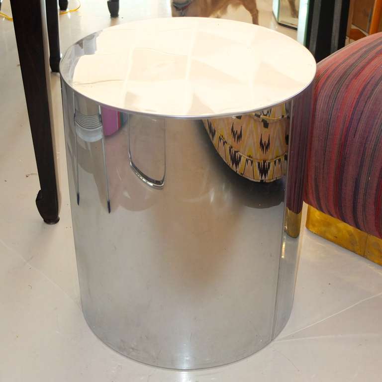 A chromed steel drum pedestal or table base signed Curtis Jeré.