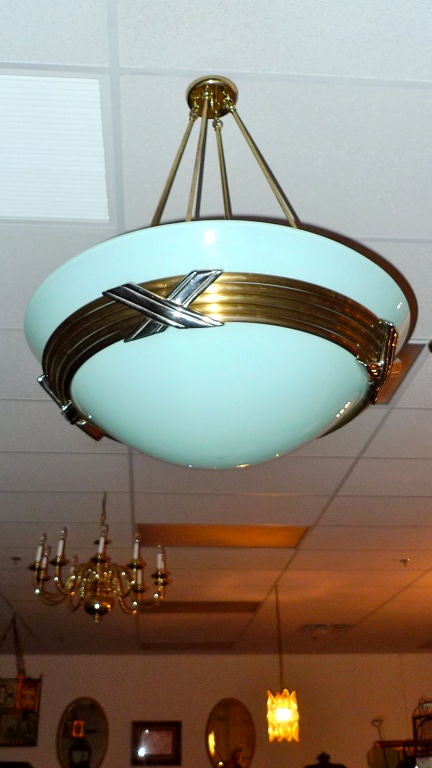 American Art Deco Glass Dome Bowl Chandelier In Good Condition For Sale In Hanover, MA