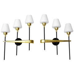 Vintage Pair Of Brass & Iron Three Light Sconces By Arlus