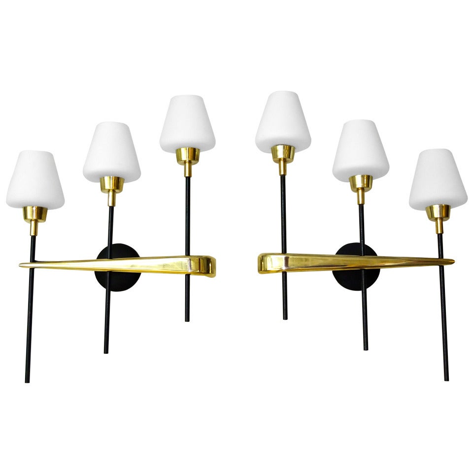 Pair Of Brass & Iron Three Light Sconces By Arlus For Sale