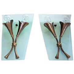 Pair of 1950's Italian Bronze & Curved Glass Sconces