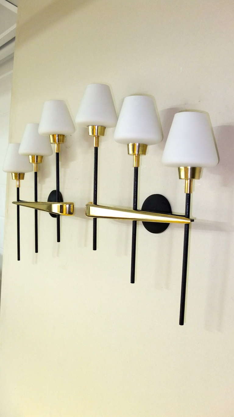 Mid-Century Modern Pair Of Brass & Iron Three Light Sconces By Arlus For Sale