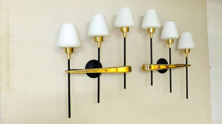 French Pair Of Brass & Iron Three Light Sconces By Arlus For Sale