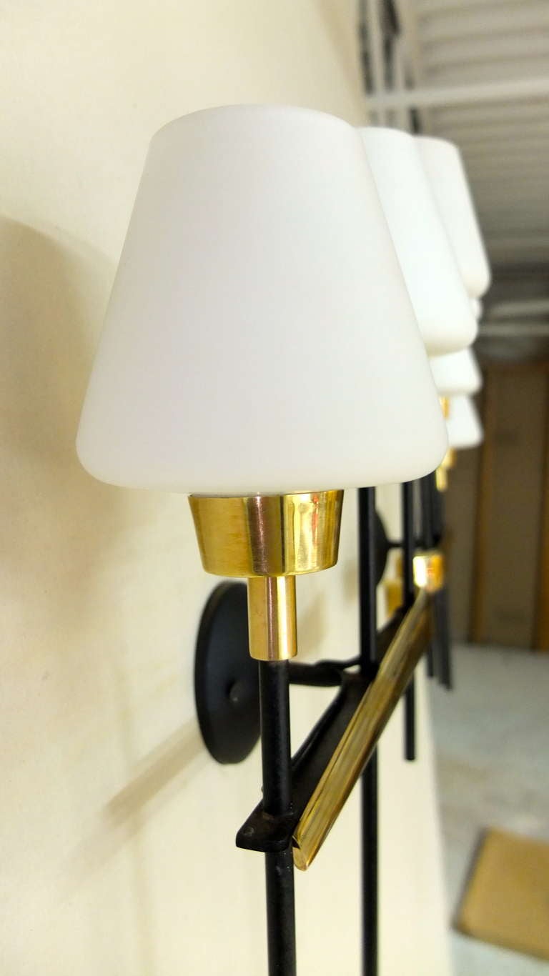 Pair Of Brass & Iron Three Light Sconces By Arlus In Excellent Condition For Sale In Hanover, MA