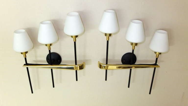 Pair Of Brass & Iron Three Light Sconces By Arlus For Sale 2