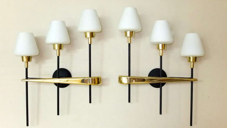 Pair Of Brass & Iron Three Light Sconces By Arlus For Sale 3