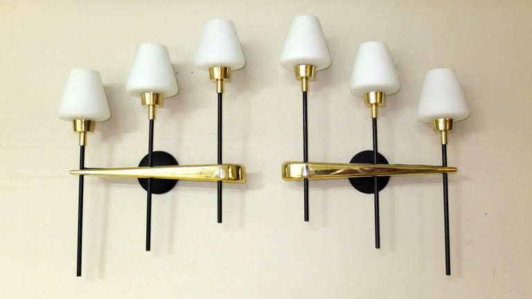 Pair Of Brass & Iron Three Light Sconces By Arlus For Sale 4