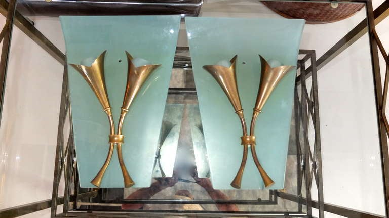 Pair of 1950's Italian Bronze & Curved Glass Sconces 4