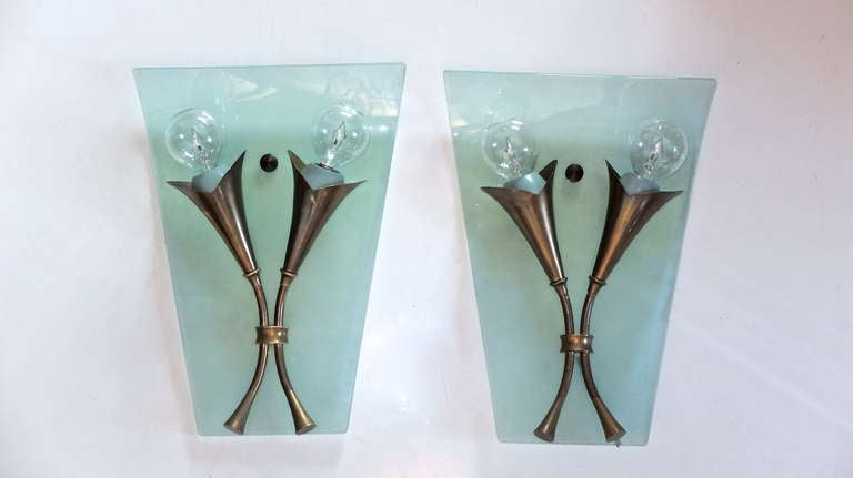 Pair of 1950's Italian Bronze & Curved Glass Sconces 5