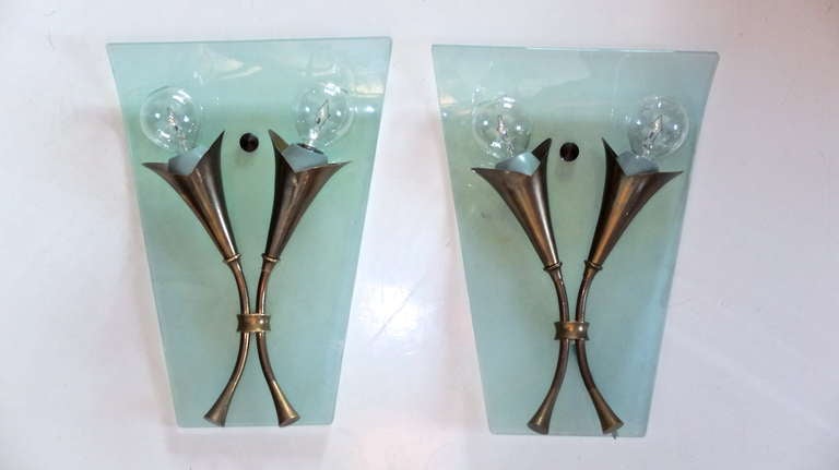 Mid-Century Modern Pair of 1950's Italian Bronze & Curved Glass Sconces