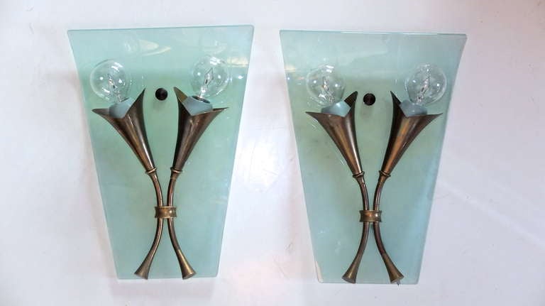 Pair of 1950's Italian Bronze & Curved Glass Sconces In Good Condition In Hanover, MA