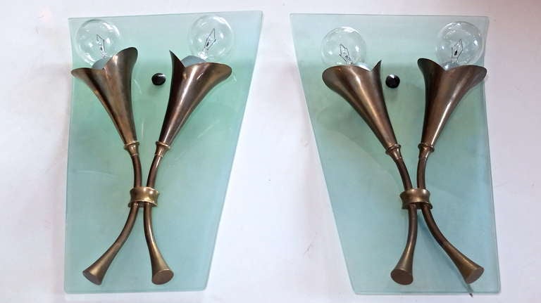 Mid-20th Century Pair of 1950's Italian Bronze & Curved Glass Sconces