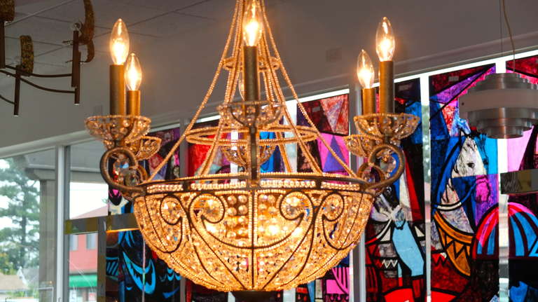 20th Century Beaded Glass & Iron Six Light Chandelier For Sale