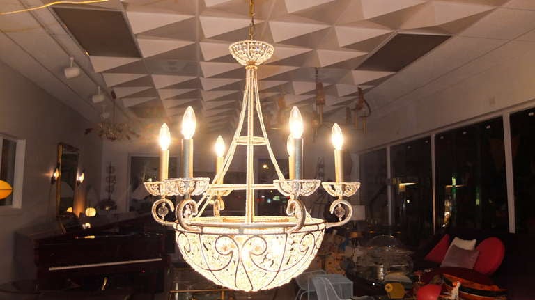 American Beaded Glass & Iron Six Light Chandelier For Sale