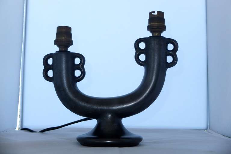 Vintage French black ceramic lamp in the organic style of French ceramicist, Georges Jouve.