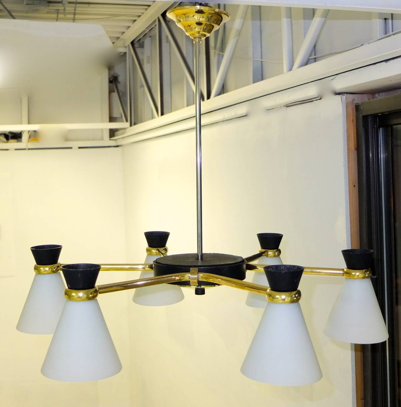 Mid-Century Modern French 1950s Chandelier with Six Opaline Glass Diabolo Shades For Sale