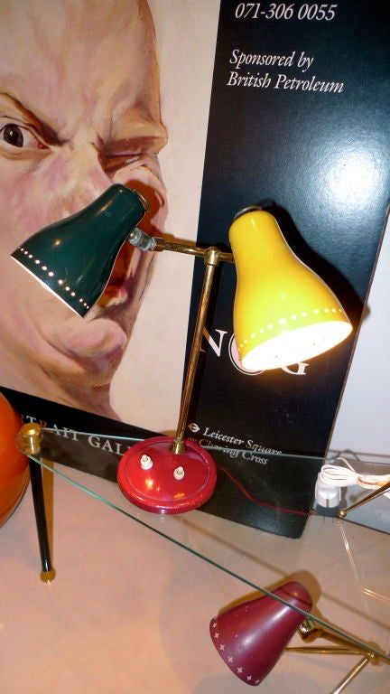 Charming dual cone desk lamp from France in the manner of Biny. Original enamel finish.