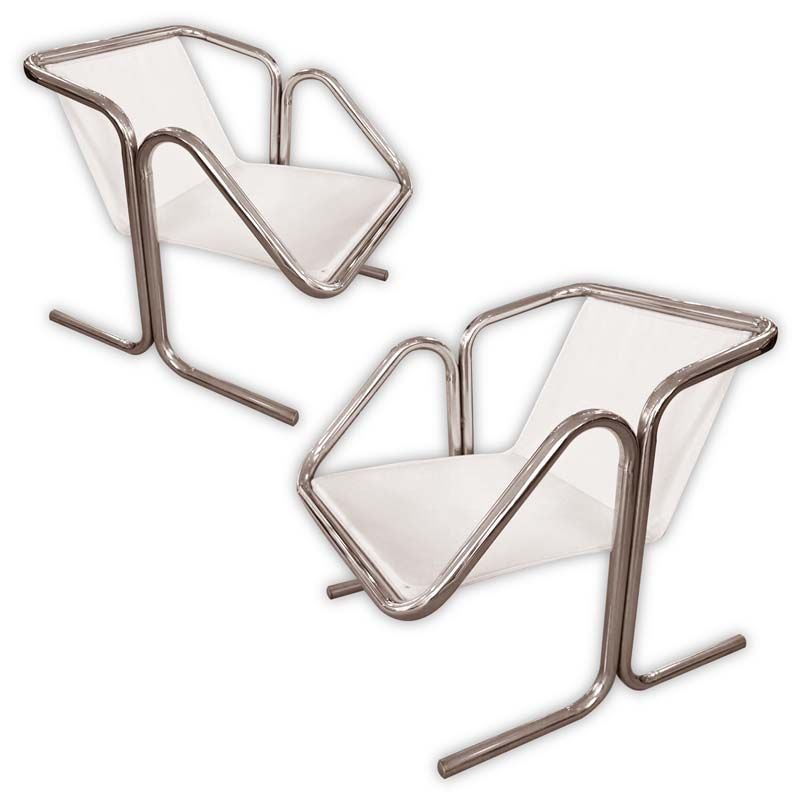 A single tubular bent chrome Arcadia chair with white canvas sling designed by Jerry Johnson, chief engineer for Landes Manufacturing Company of Los Angeles.
Landes, founded in 1953, was known for experimental designs for outdoor furniture