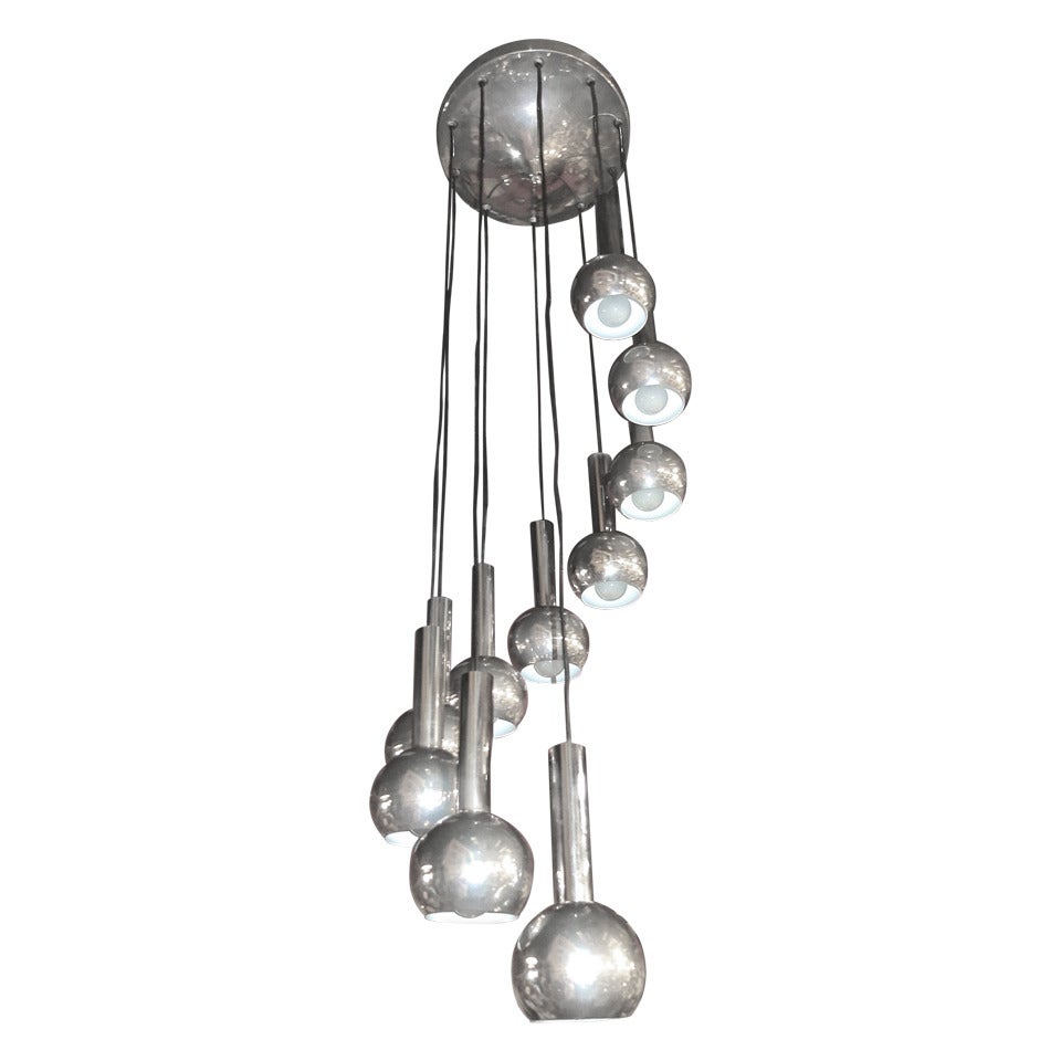 Ten Chrome Balls Cascading Spiral Chandelier For Sale