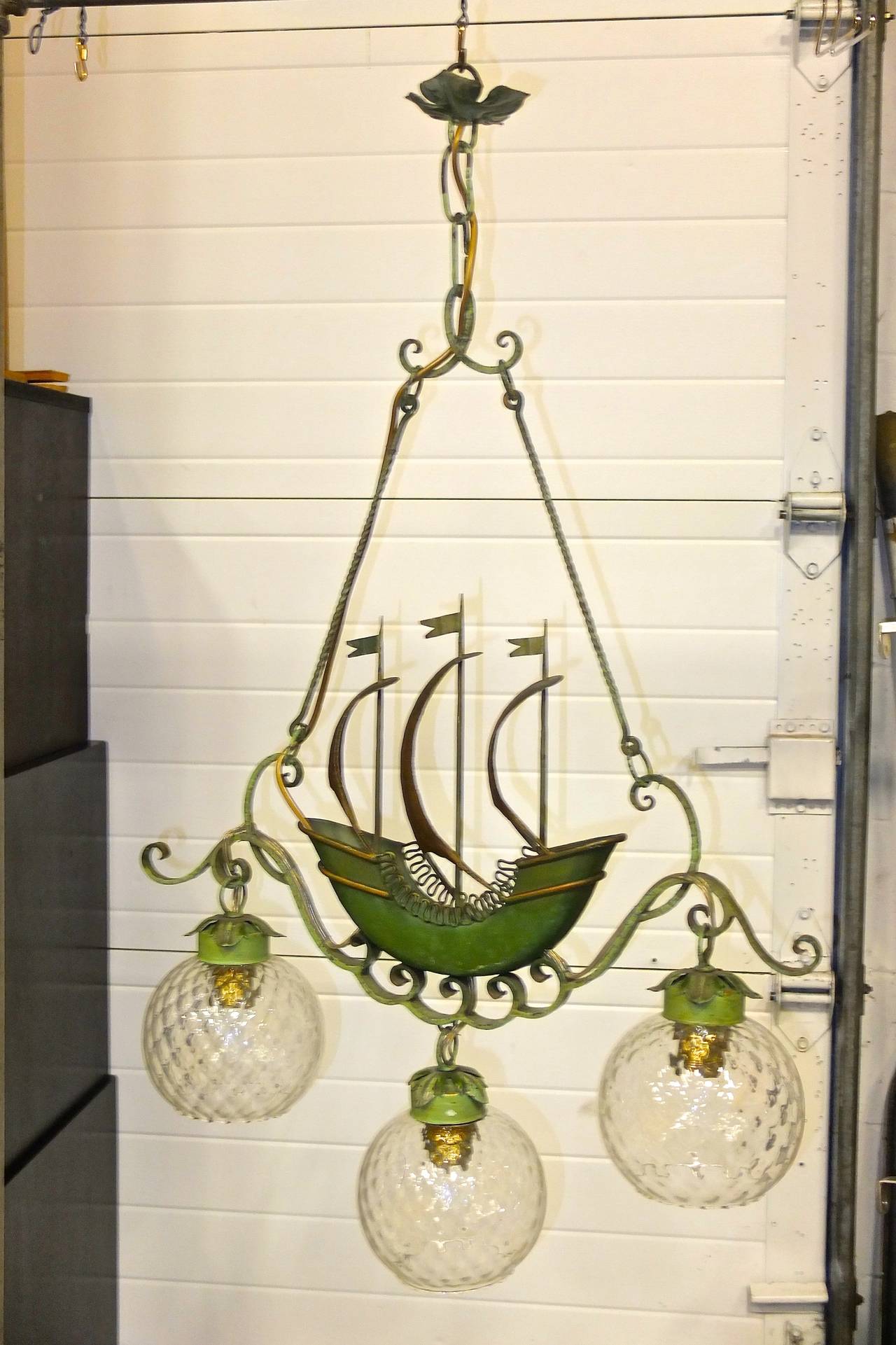 1940's Italian Iron Hanging Lamp with Sailing Ship after Gio Ponti In Excellent Condition In Hanover, MA