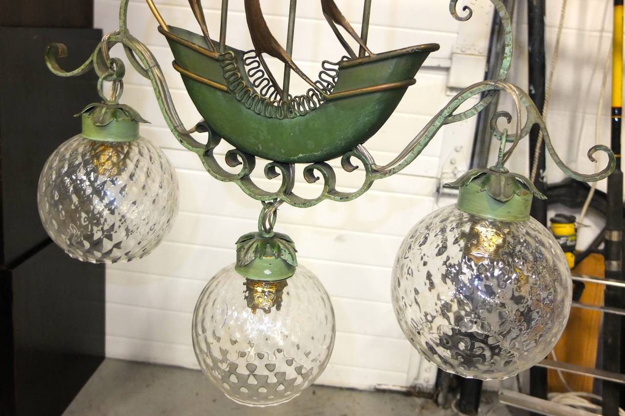 Wrought Iron 1940's Italian Iron Hanging Lamp with Sailing Ship after Gio Ponti