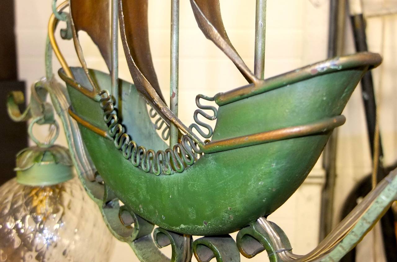 Painted 1940's Italian Iron Hanging Lamp with Sailing Ship after Gio Ponti