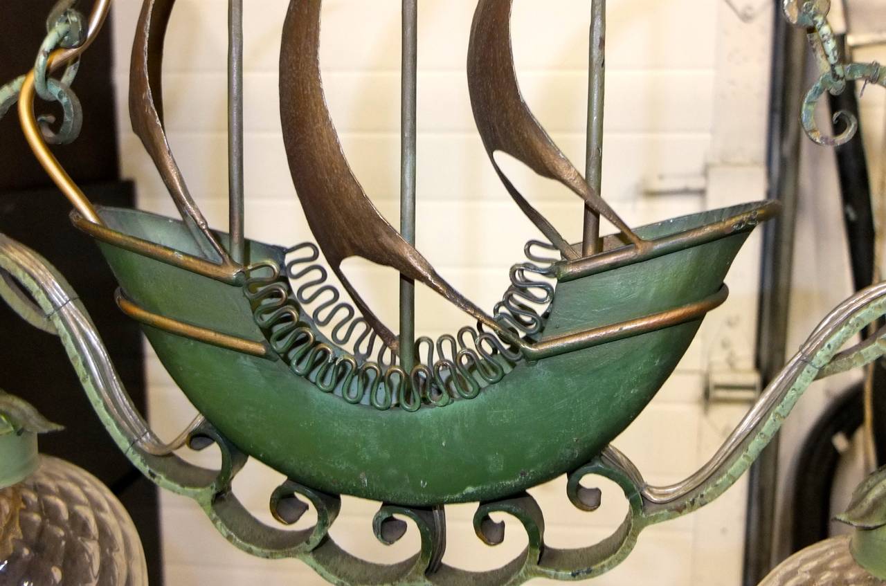 Mid-20th Century 1940's Italian Iron Hanging Lamp with Sailing Ship after Gio Ponti