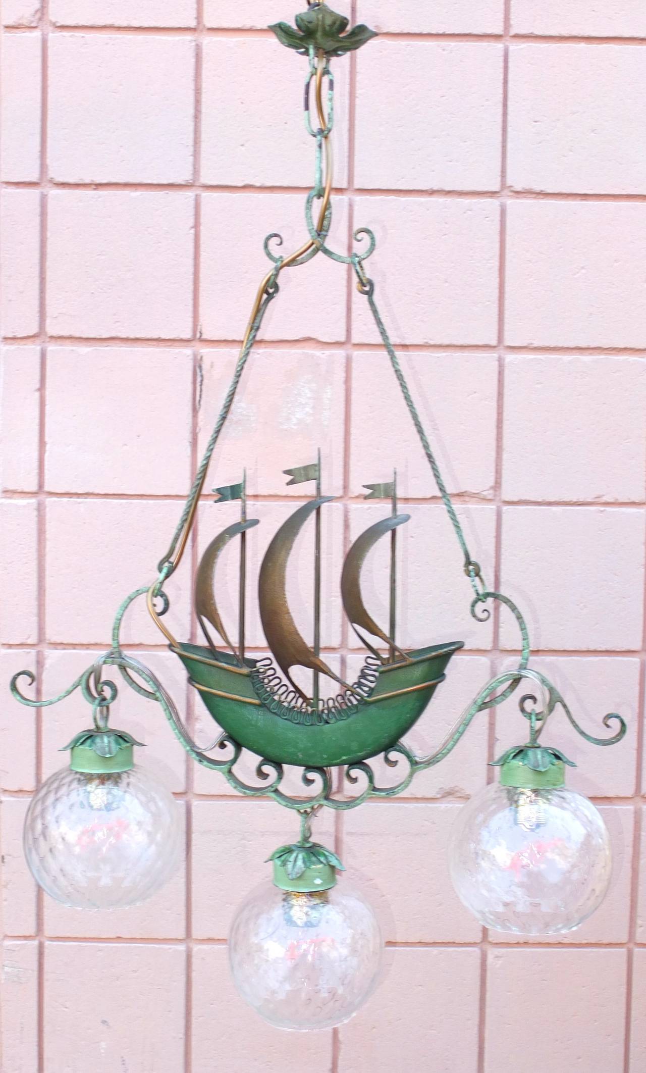 1940's Italian Iron Hanging Lamp with Sailing Ship after Gio Ponti