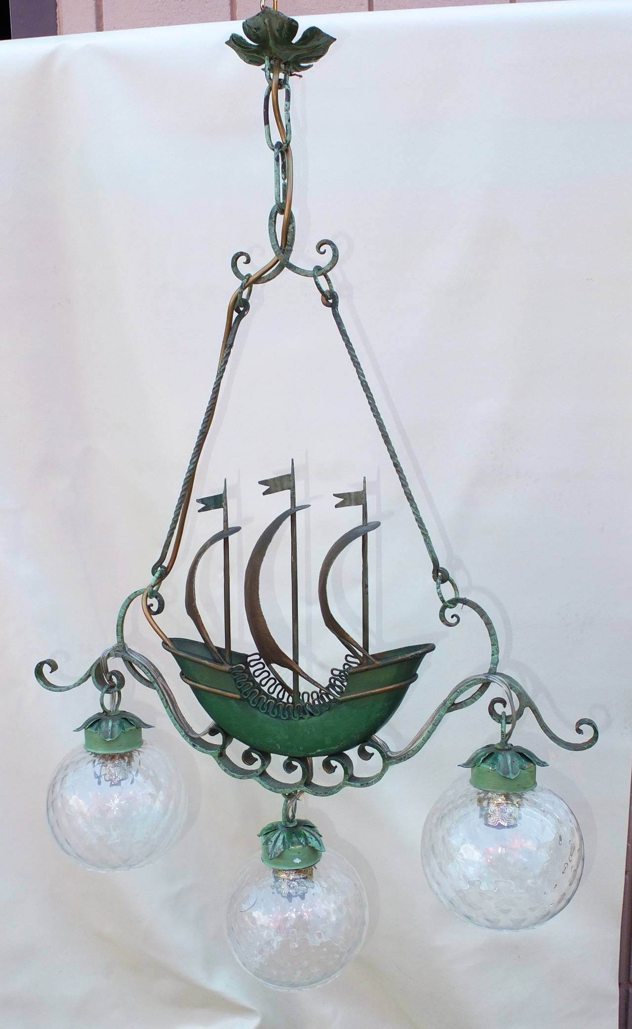 Empire Revival 1940's Italian Iron Hanging Lamp with Sailing Ship after Gio Ponti