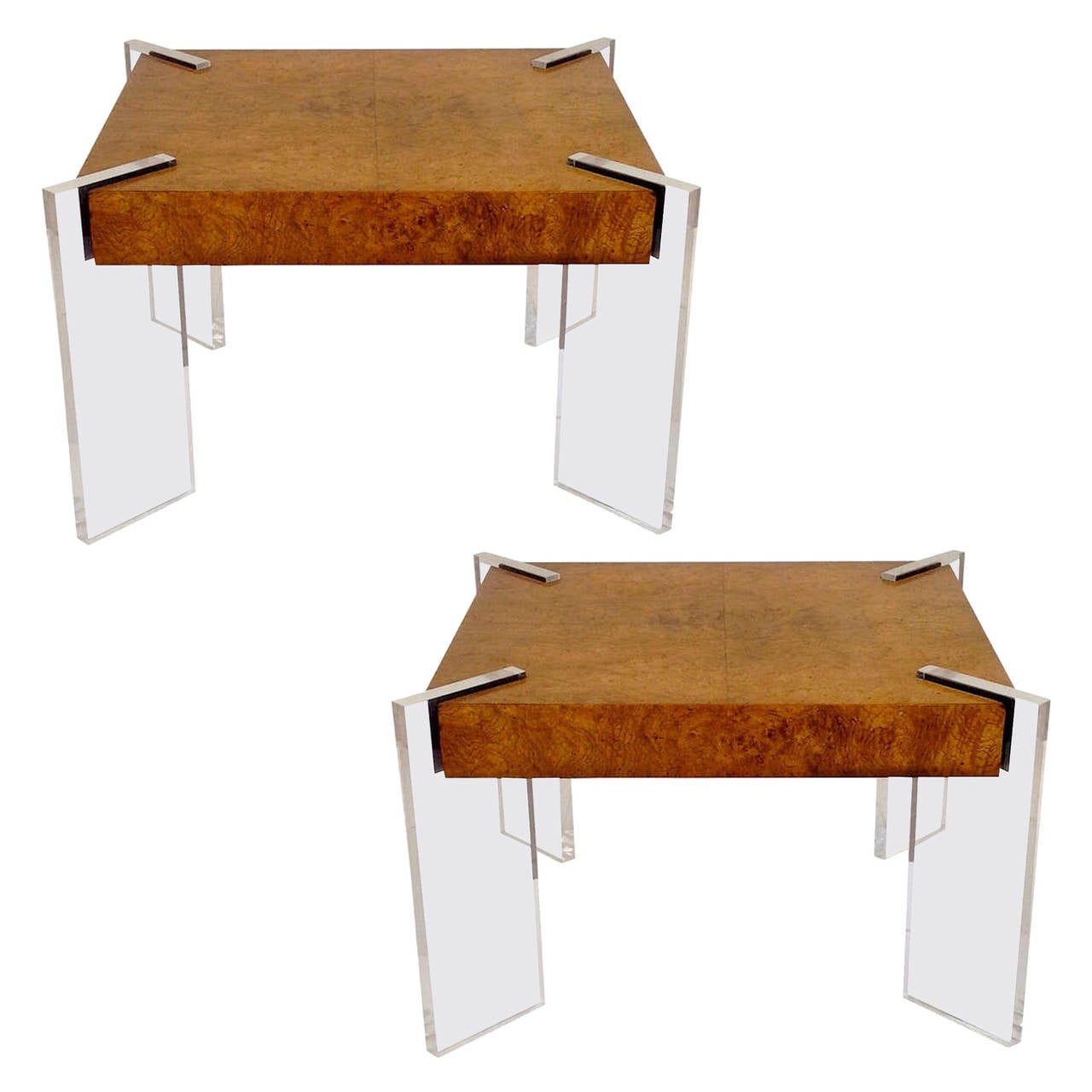 Pair of Floating Burl and Lucite Tables by Vladimir Kagan For Sale at