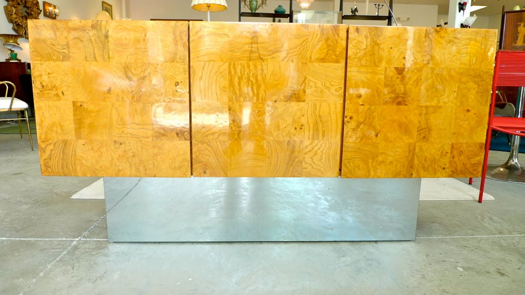 Milo Baughman Patchwork Burl & Chrome Sideboard Credenza
