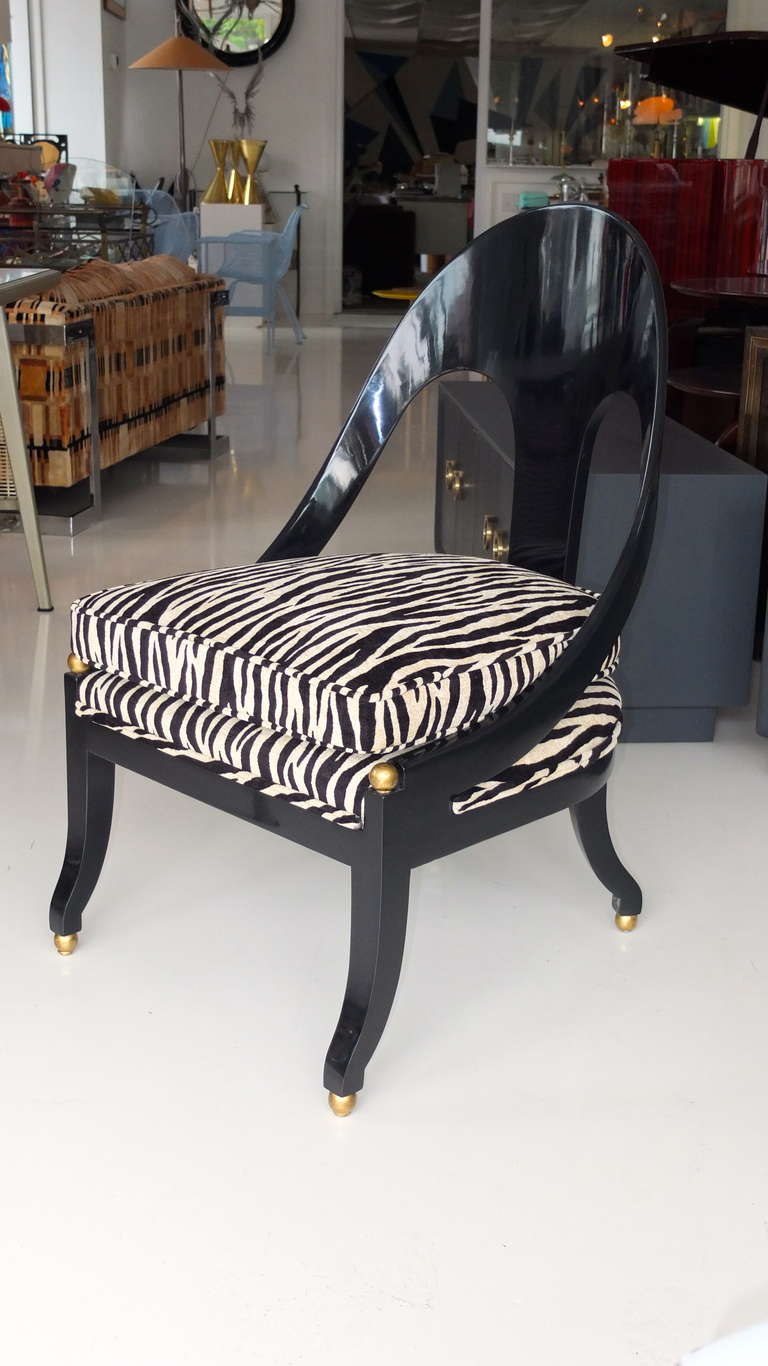 Vintage Michael Taylor for Baker spoonback Regency style chair recently upholstered in zebra print and recently ebonized.