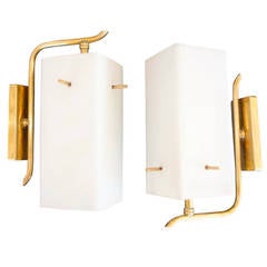 Pair of 1950s Brass Sconces with Box Shaped White Glass Shades 1