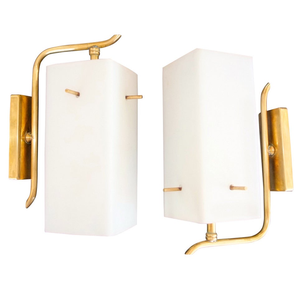 Pair of French 1950s Brass Sconces with Box Shaped Opaline Glass Shades