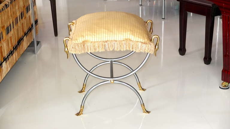 French Iron & Brass Swan Curule Stool In Excellent Condition In Hanover, MA