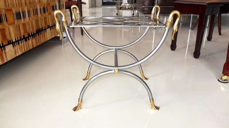 Mid-Century Modern French Iron & Brass Swan Curule Stool