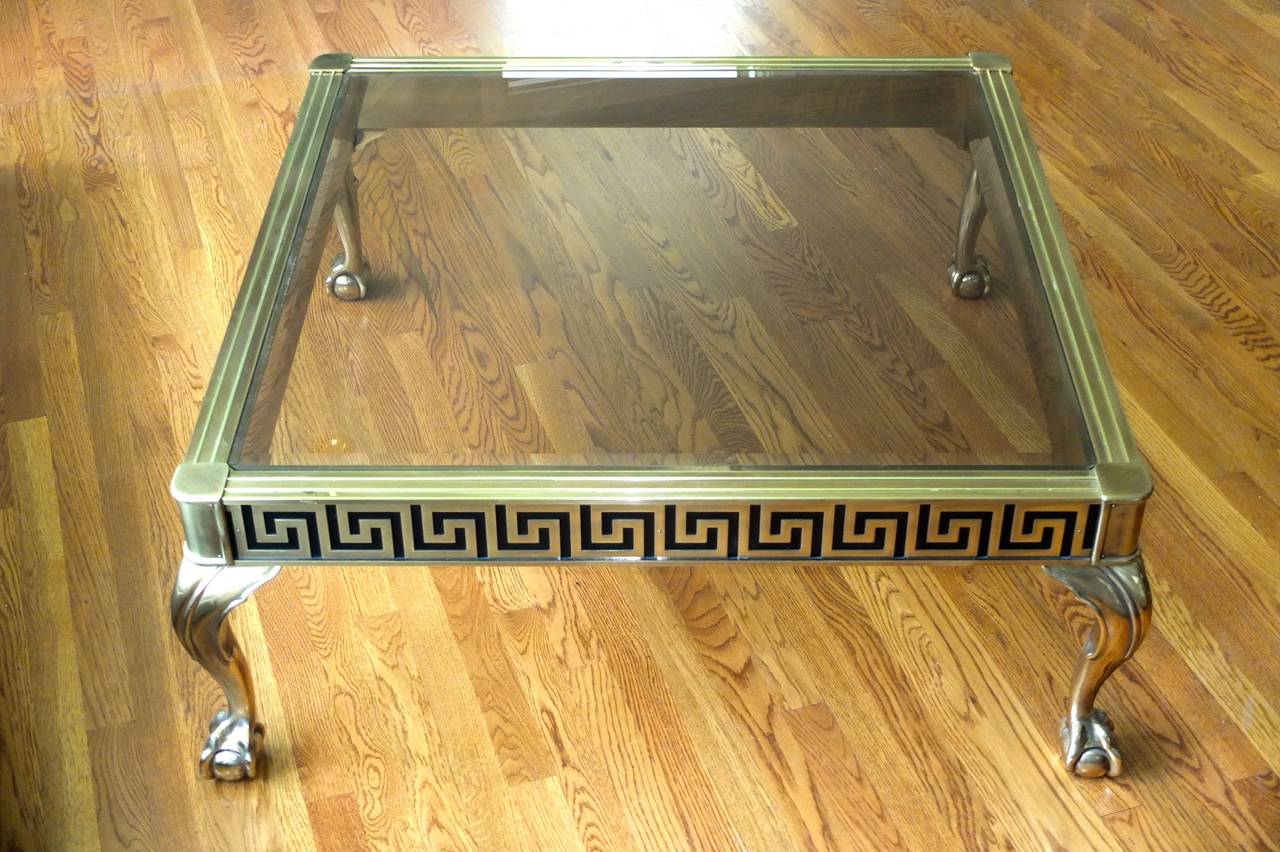 Mastercraft Brass and Glass Cocktail Table with Greek Key Meander 2