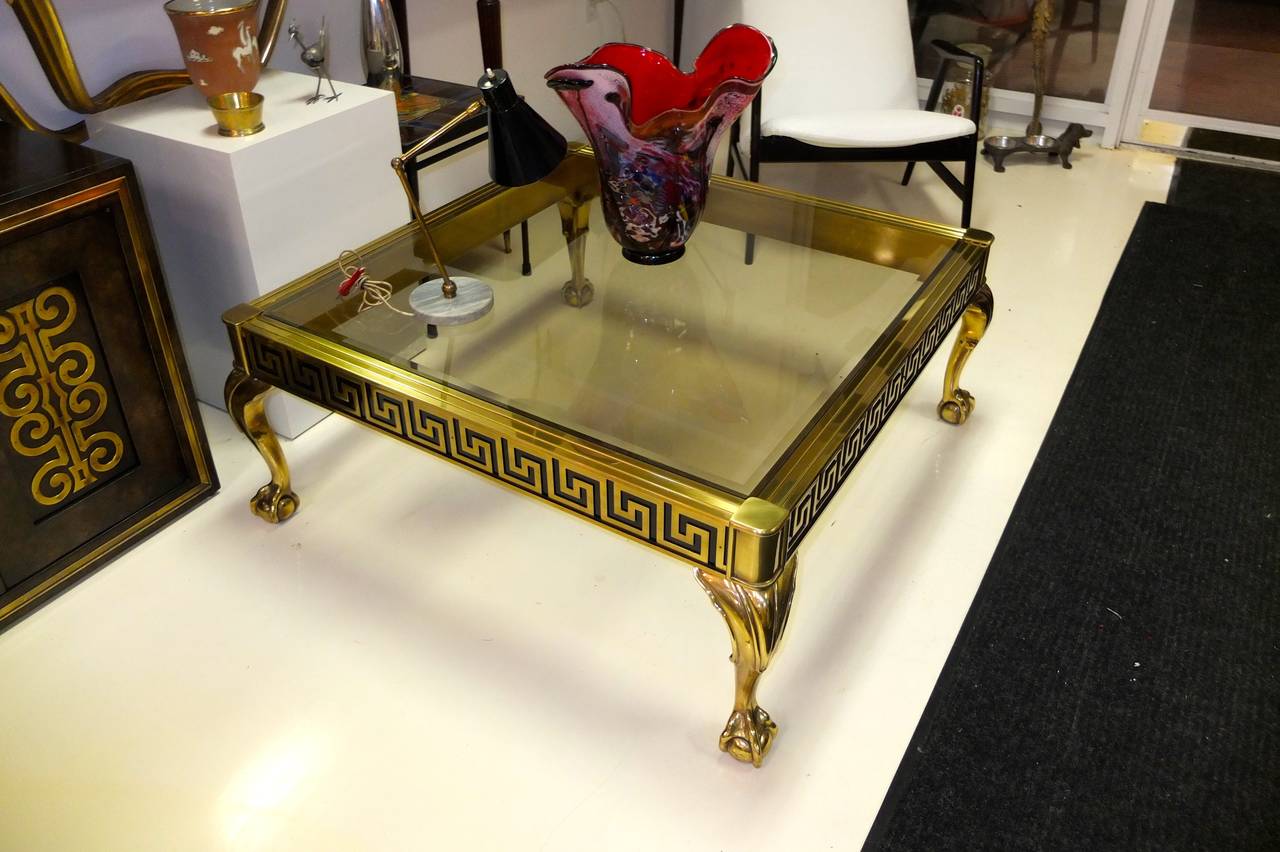 Late 20th Century Mastercraft Brass and Glass Cocktail Table with Greek Key Meander