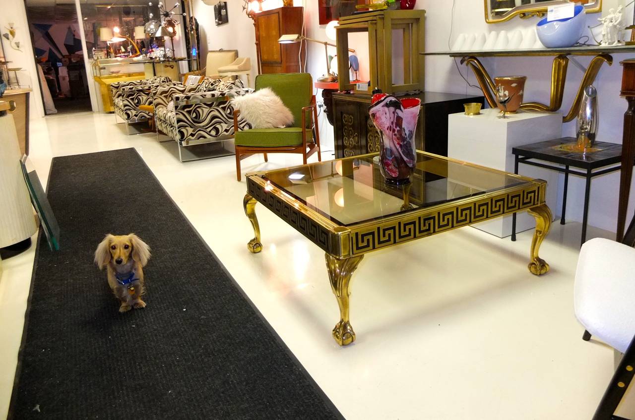 Mastercraft Brass and Glass Cocktail Table with Greek Key Meander In Good Condition In Hanover, MA