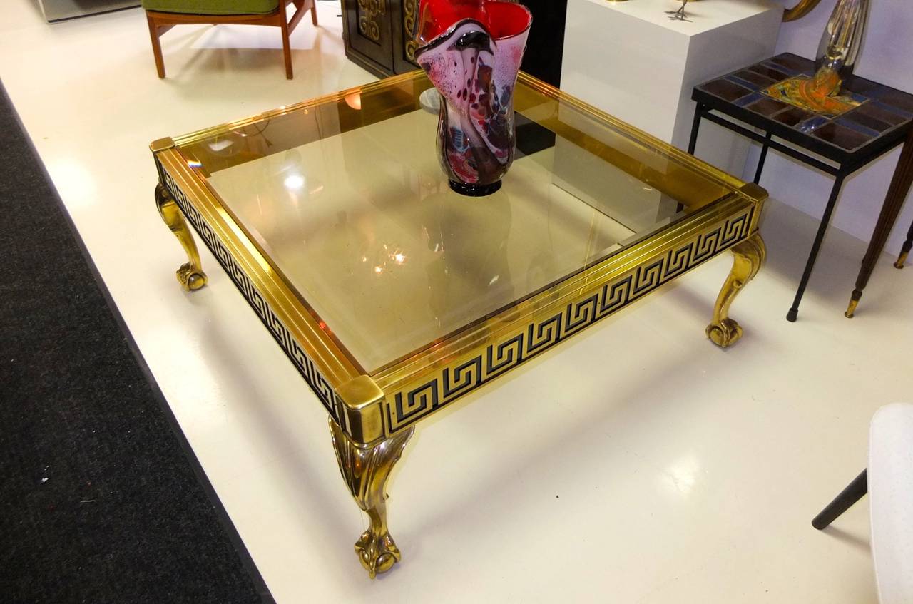 Hollywood Regency Mastercraft Brass and Glass Cocktail Table with Greek Key Meander