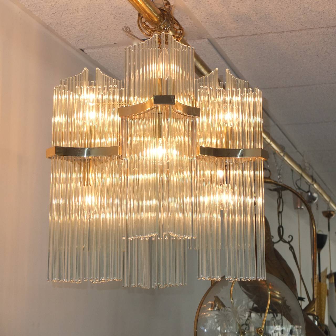 Gaetano Sciolari for Lightolier Glass Rod & Brass Chandelier 2