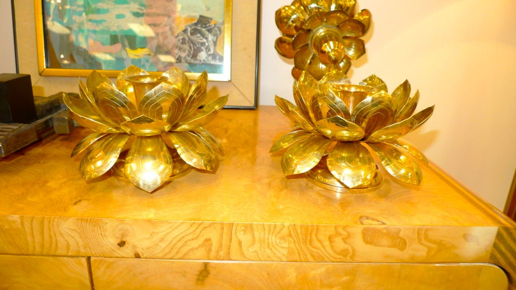 Pair of Etched Brass Lotus Candle Holders