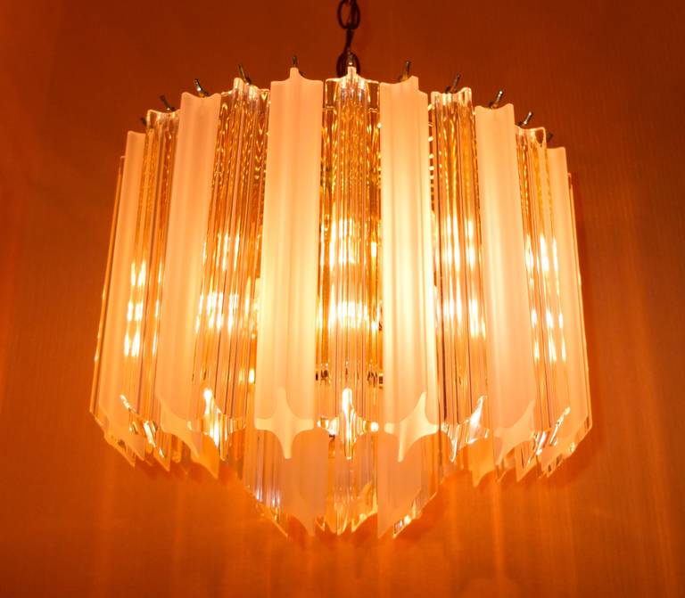 Mid-20th Century Pair of Hollywood Regency Lucite Triedri Prism Crystal Chandeliers