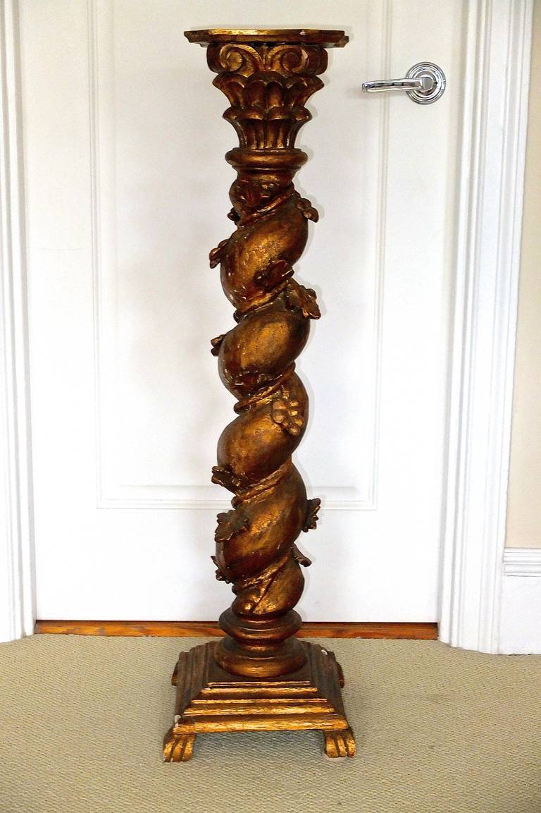 Carved Giltwood Italian Barley Twist Pedestal Column 1
