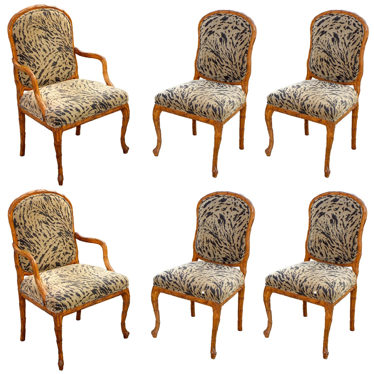 Set of 6 Palm Frond Carved Chairs in the Style of Serge Roche